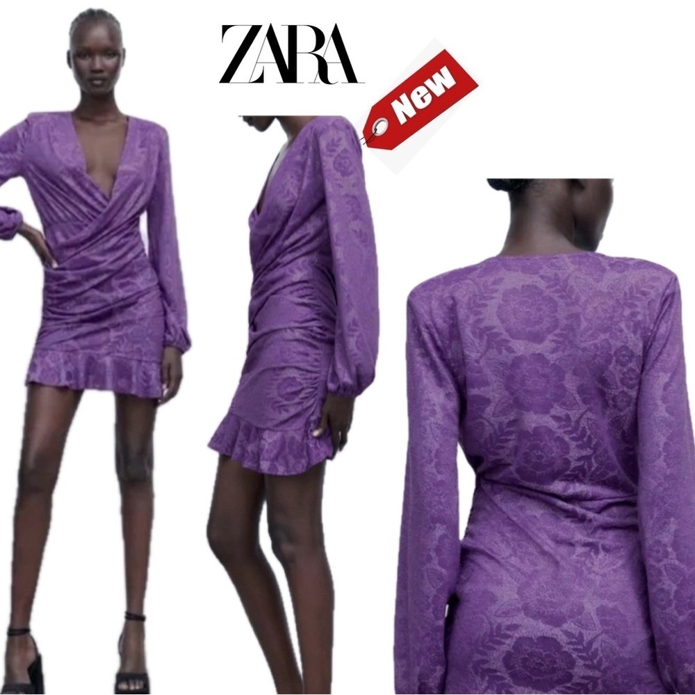Zara purple jacquard ruffle frill draped ruched long sleeve wrap dress Sz M NWT